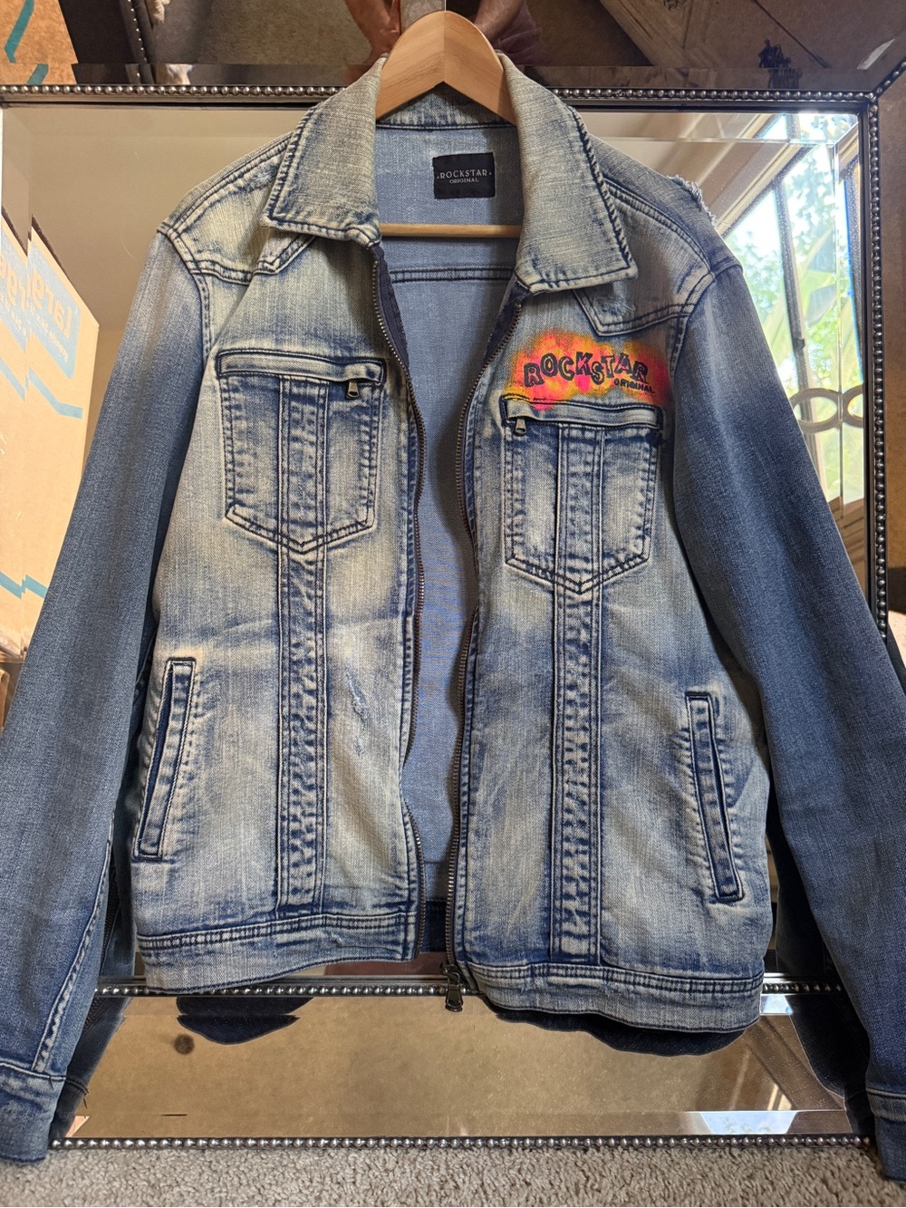 Rockstar Original Hand-Painted Denim Jacket – “Miami Nights” Flamingo Art – XL